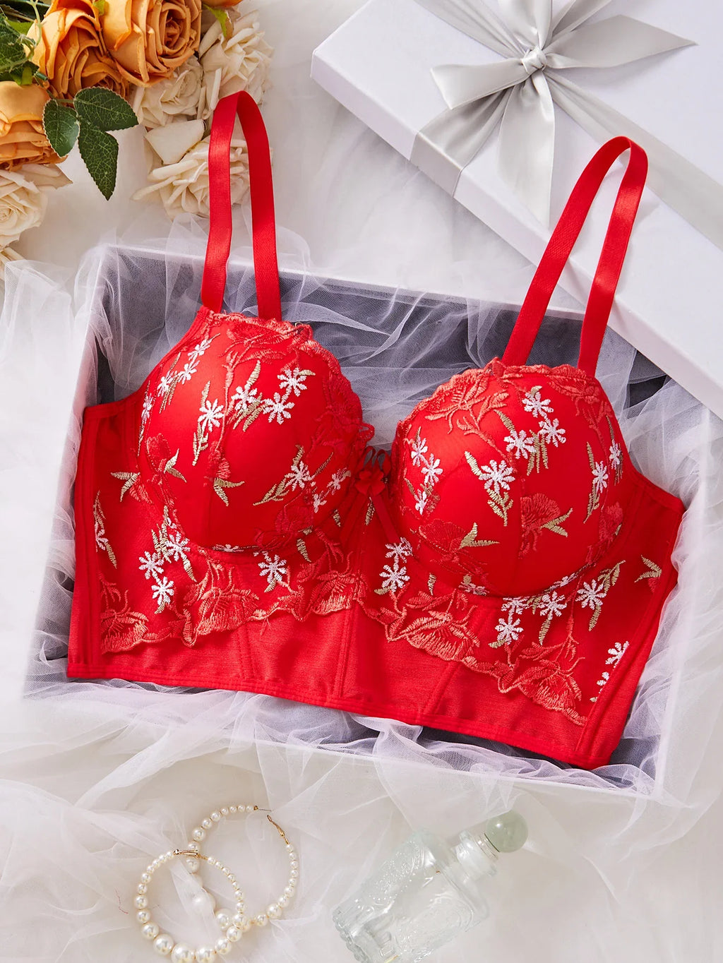 Floral Embroidered Lace Bustier Bra – Push Up, Tummy Control & Non-Slip Corset Top