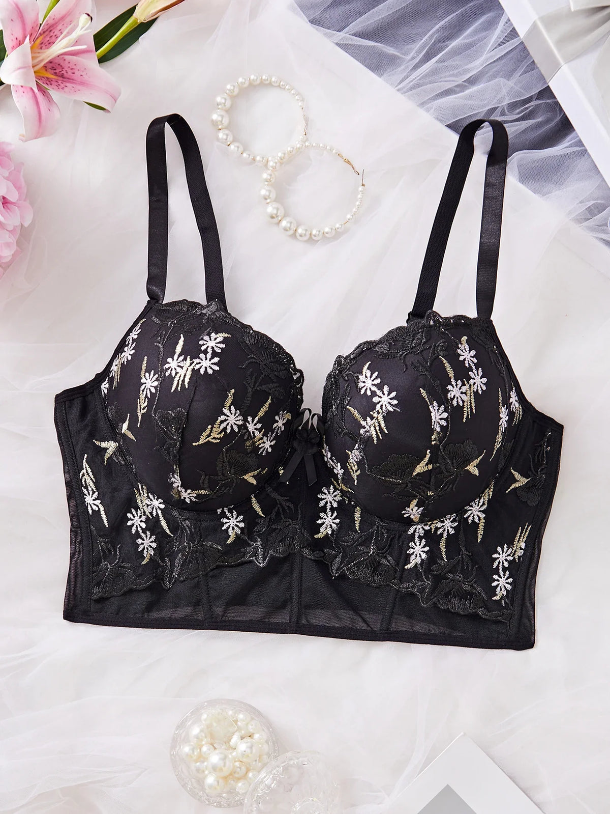 Floral Embroidered Lace Bustier Bra – Push Up, Tummy Control & Non-Slip Corset Top