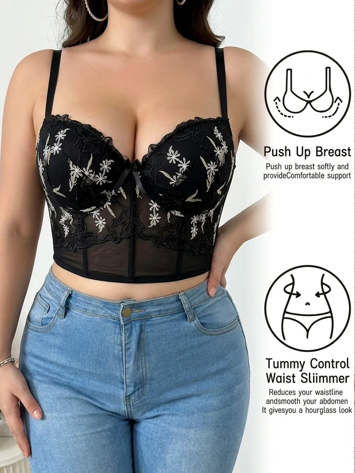 Floral Embroidered Lace Bustier Bra – Push Up, Tummy Control & Non-Slip Corset Top