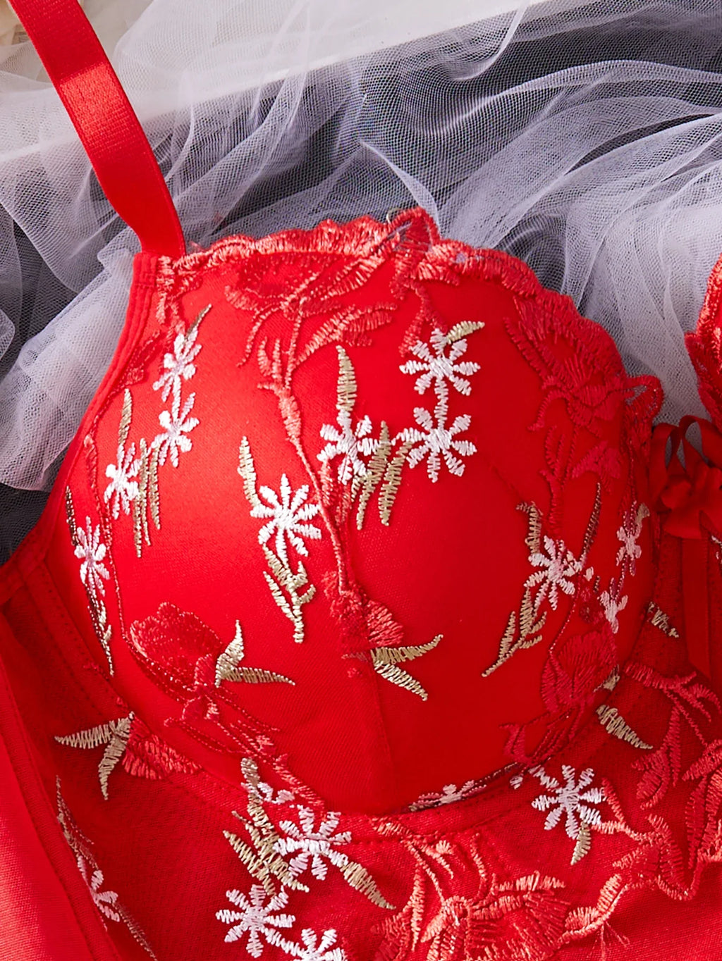 Floral Embroidered Lace Bustier Bra – Push Up, Tummy Control & Non-Slip Corset Top