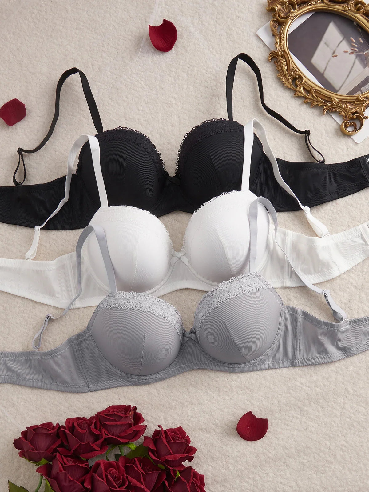 3Pcs Women's Bras Lace Trim B C D E Thin Cup Ribbed Push up Bra Underwire Side Support Soft Women's Underwear Set
