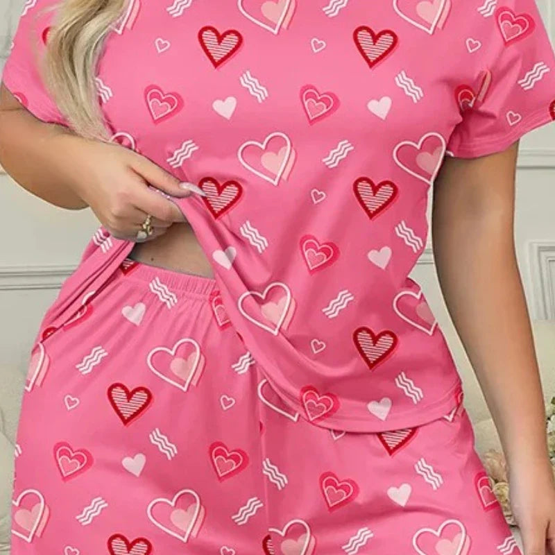 Pink Heart Print Women Sleepwear Pajama Set Nightgowns Short Sleeve Tee and Shorts Nightclothes 3XL 4XL 5XL Smooth