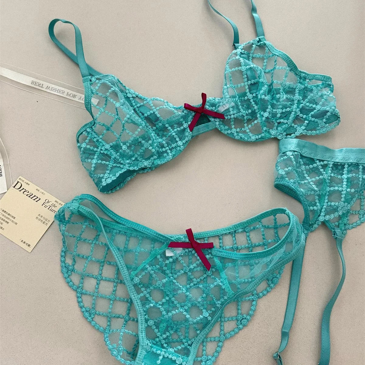 Bra + Panties + Garter, Lace Ultrathin Transparent Push Up Women Sexy Sleep Underwear Sets Lattice Push Up Women's Blue