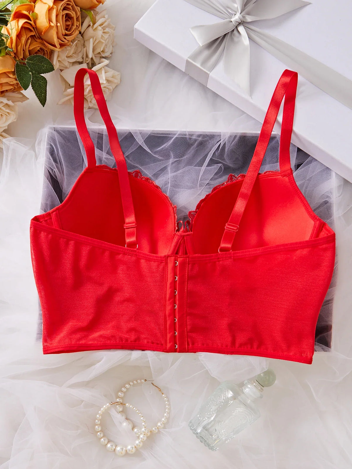 Floral Embroidered Lace Bustier Bra – Push Up, Tummy Control & Non-Slip Corset Top