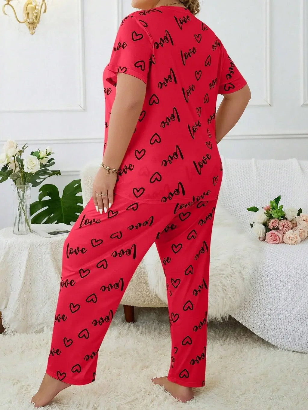 3XL 4XL 5XL Sleepwear Heart Letters Print 2 PCS Pajama Set Women's Casual Short-Sleeve Top and Pants Loungewear