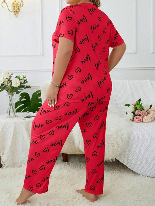3XL 4XL 5XL Sleepwear Heart Letters Print 2 PCS Pajama Set Women's Casual Short-Sleeve Top and Pants Loungewear