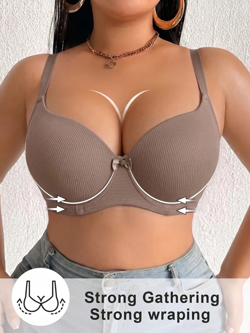 Women's B C D Thin Cup Ribbed Push Up Bra Wide Straps Underwire Side gather Lingerie Comfort Ladies Brassiere