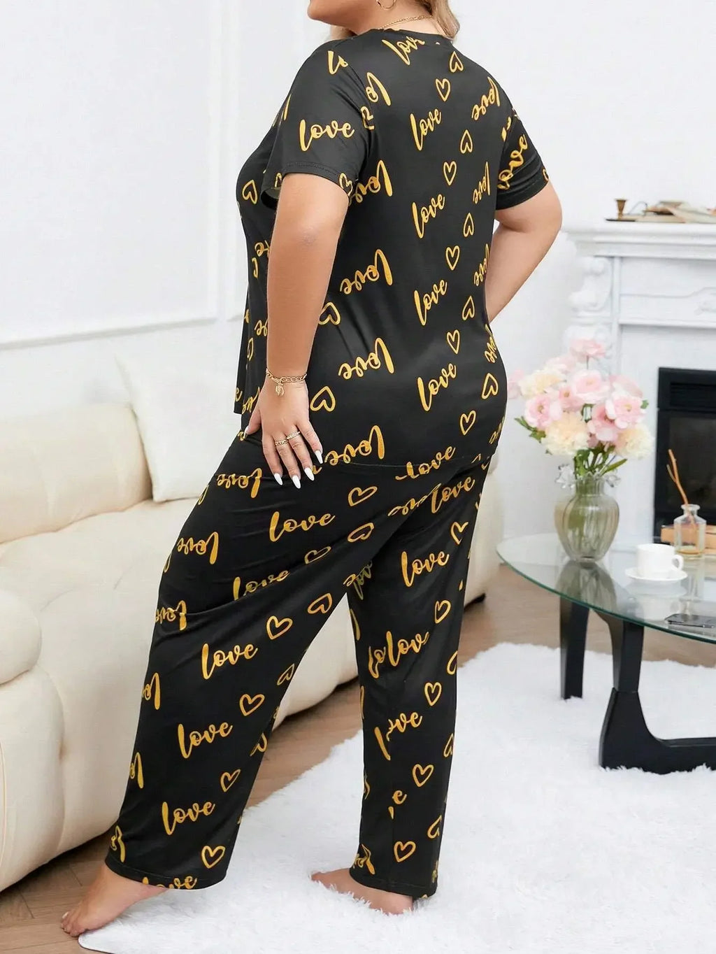 3XL 4XL 5XL Sleepwear Heart Letters Print 2 PCS Pajama Set Women's Casual Short-Sleeve Top and Pants Loungewear