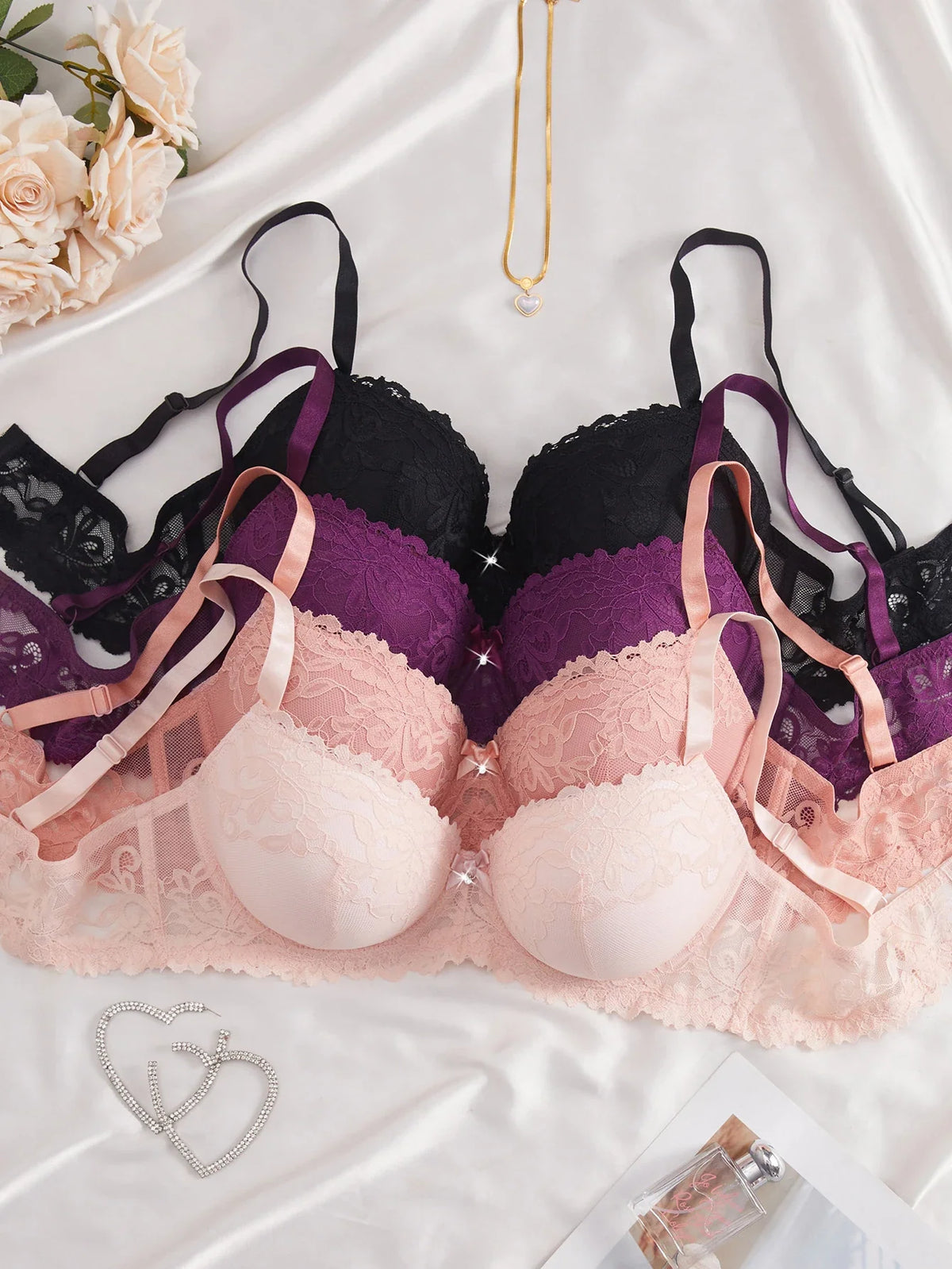 4PCS Lace Women's Underwear Set Underwire Push Up Bra Rhinestone Bow Comfort B C D Thin Cup Bras Women