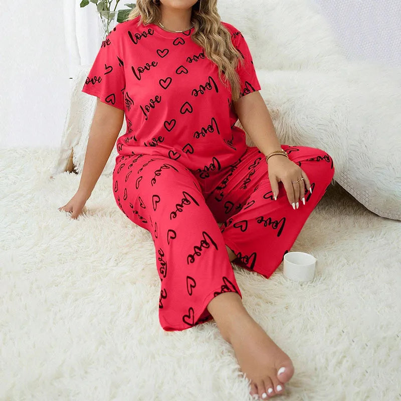 3XL 4XL 5XL Sleepwear Heart Letters Print 2 PCS Pajama Set Women's Casual Short-Sleeve Top and Pants Loungewear