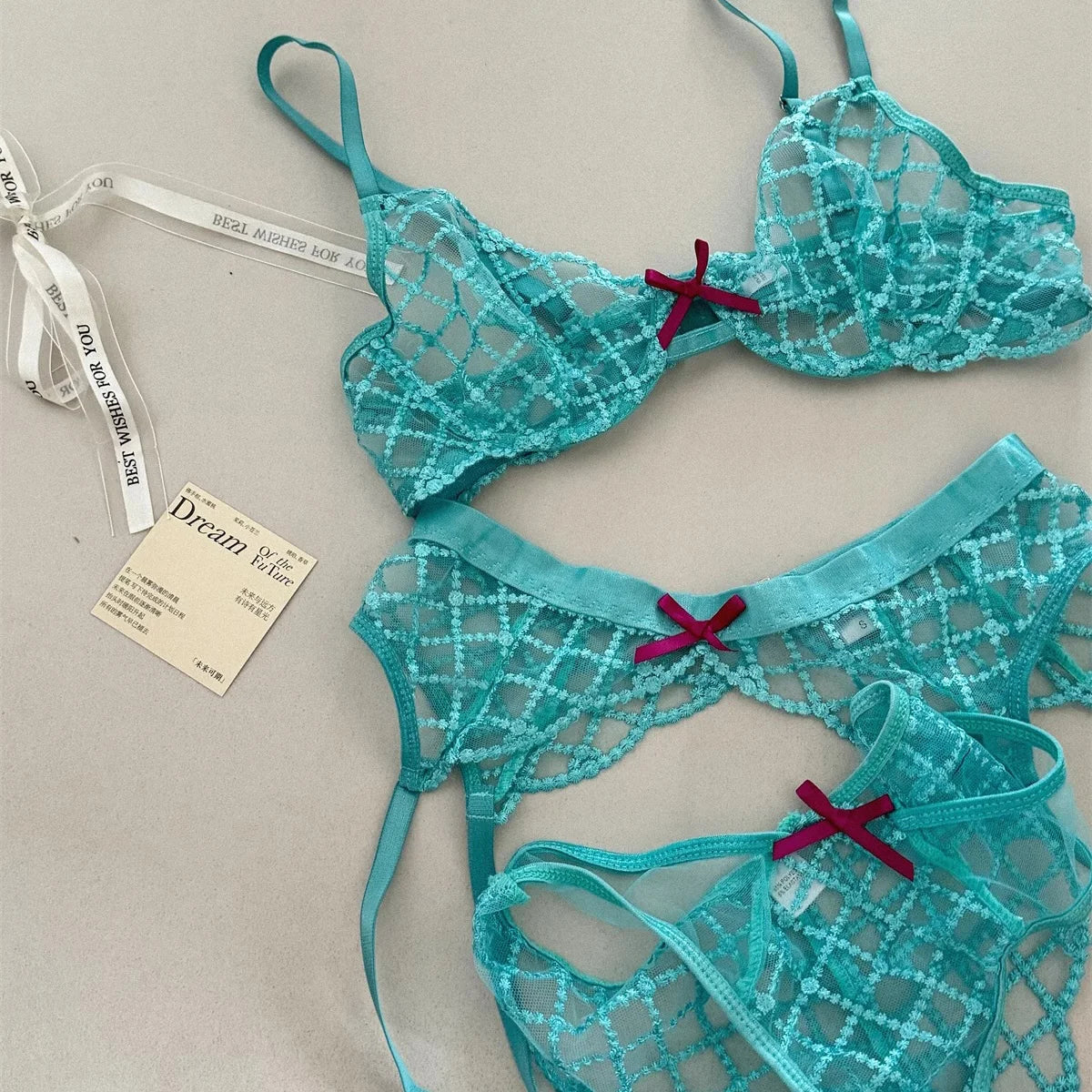 Bra + Panties + Garter, Lace Ultrathin Transparent Push Up Women Sexy Sleep Underwear Sets Lattice Push Up Women's Blue