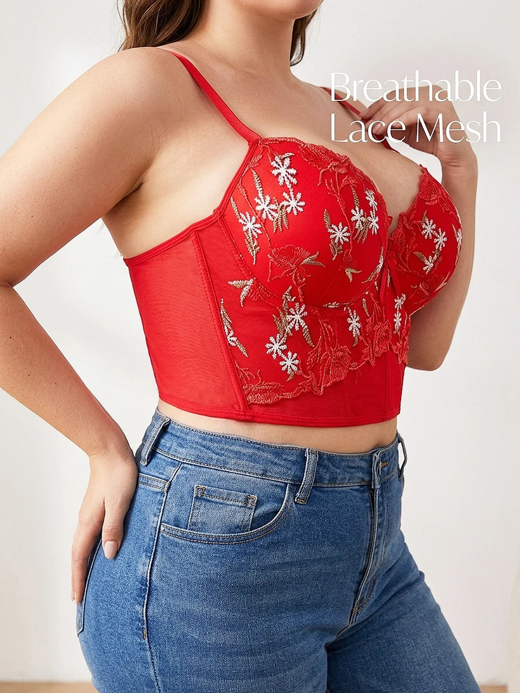 Floral Embroidered Lace Bustier Bra – Push Up, Tummy Control & Non-Slip Corset Top