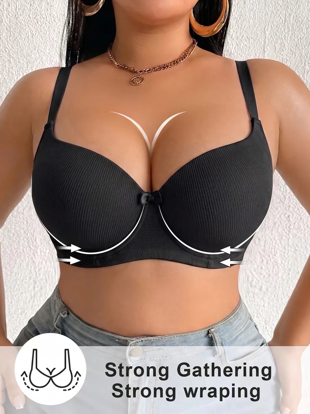 Women's B C D Thin Cup Ribbed Push Up Bra Wide Straps Underwire Side gather Lingerie Comfort Ladies Brassiere
