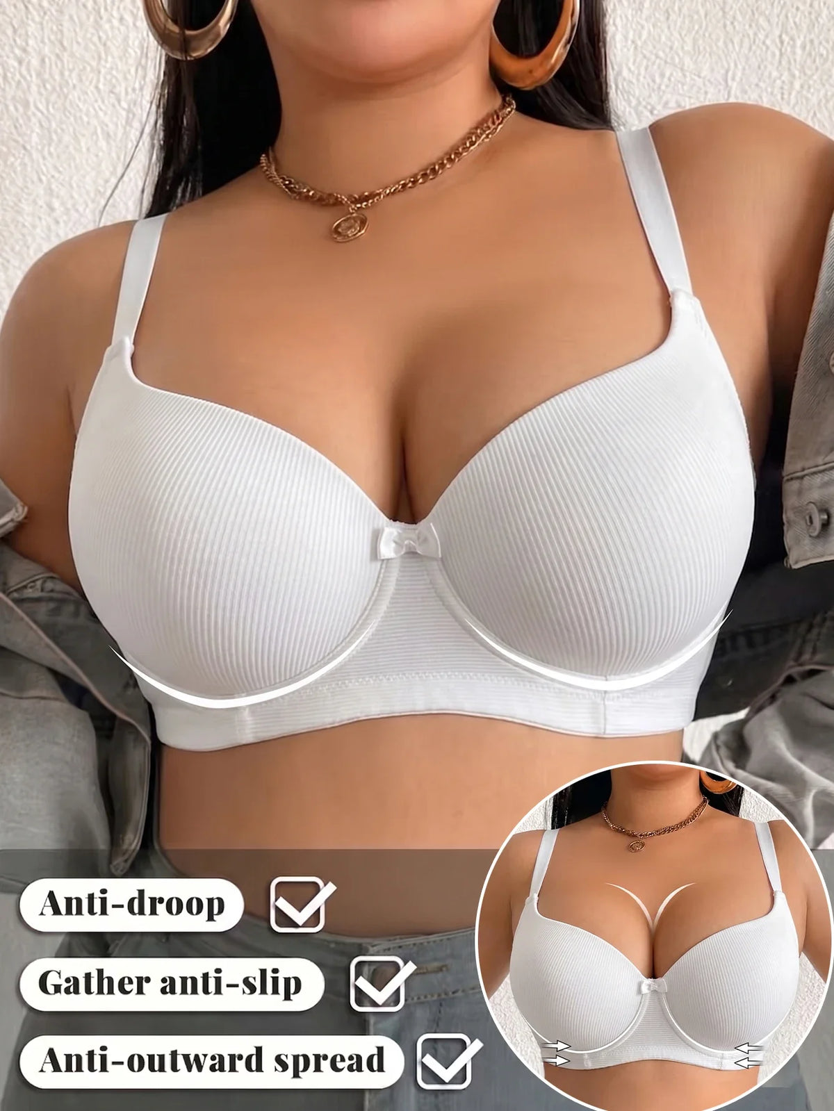 Women's B C D Thin Cup Ribbed Push Up Bra Wide Straps Underwire Side gather Lingerie Comfort Ladies Brassiere