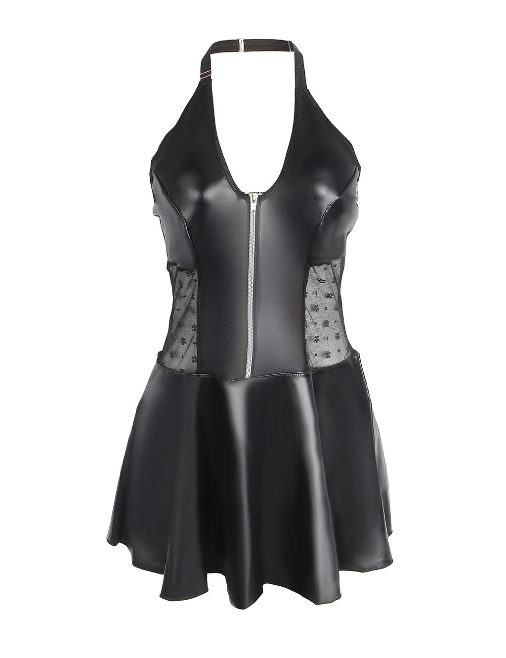 Baby Doll Black PU Leather Lace Sexy Halter Dress With Garter Belts Daring Lingerie for Women Club Wear Ladies Dresses