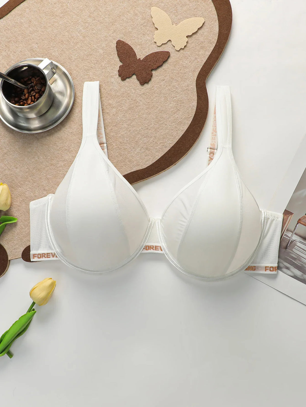 White Underwire Bra Women Full Coverage Push Up bra Letter Print Adjustable Straps Big Cup Supportive Seamless Bra