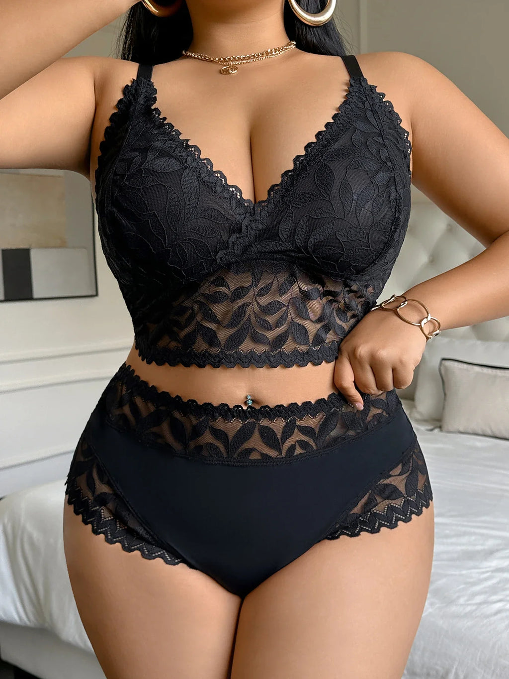 Lace Women's Sexy Lingerie Set Soft Wireless Unlined Bra Mesh Spliced Breathable Panties Floral Lace Bra Set