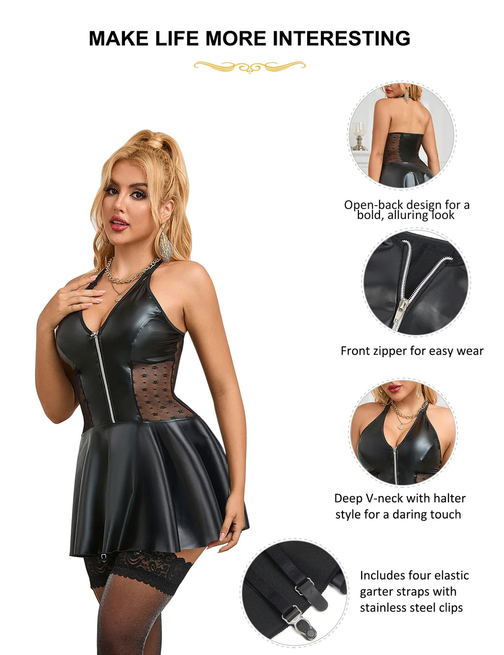 Baby Doll Black PU Leather Lace Sexy Halter Dress With Garter Belts Daring Lingerie for Women Club Wear Ladies Dresses