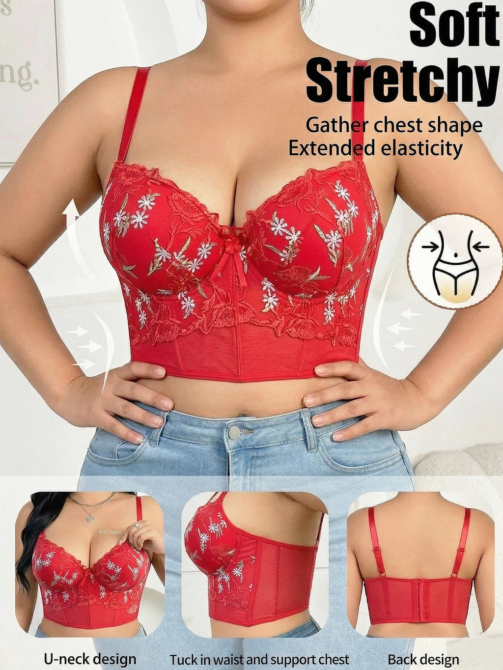 Floral Embroidered Lace Bustier Bra – Push Up, Tummy Control & Non-Slip Corset Top