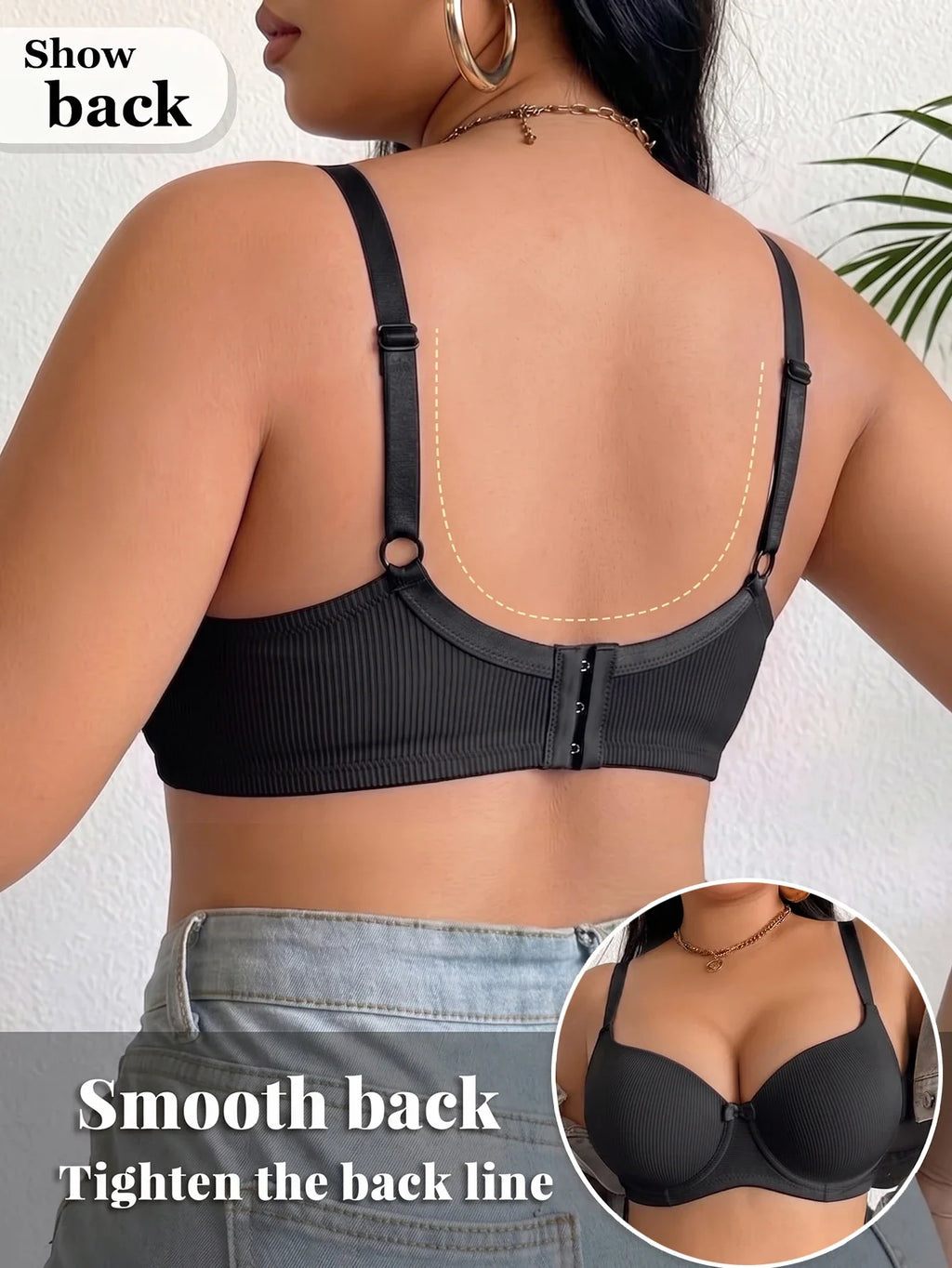 Women's B C D Thin Cup Ribbed Push Up Bra Wide Straps Underwire Side gather Lingerie Comfort Ladies Brassiere