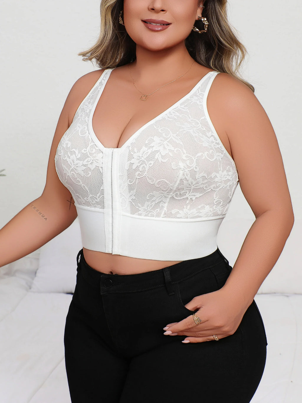 Deep V Lace Lingerie, Sheer Plunge Bra with Front Zip, Open Back & Shaping Support