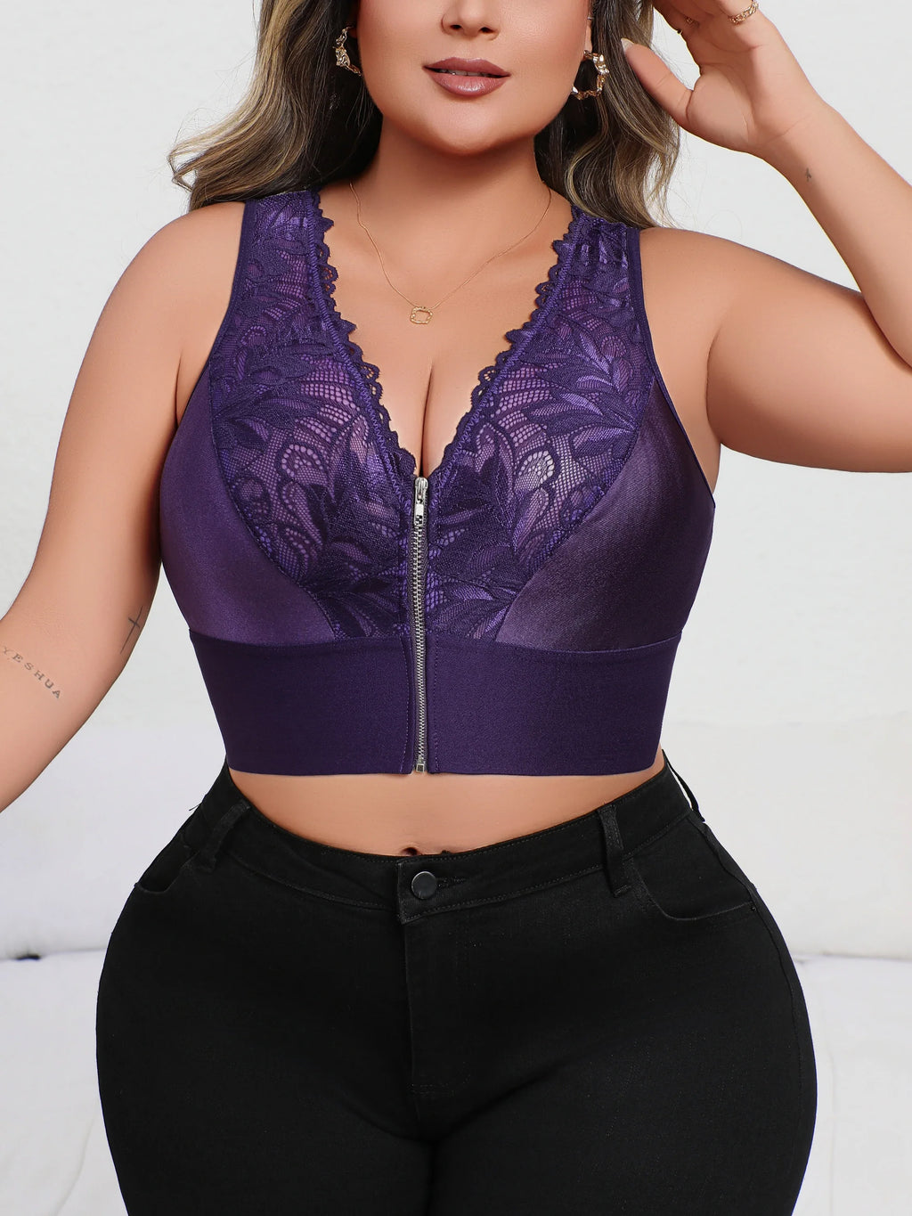 New Arrival Sexy Purple Embroidered Lingerie, Plunge Push-up Bra with Front Zip