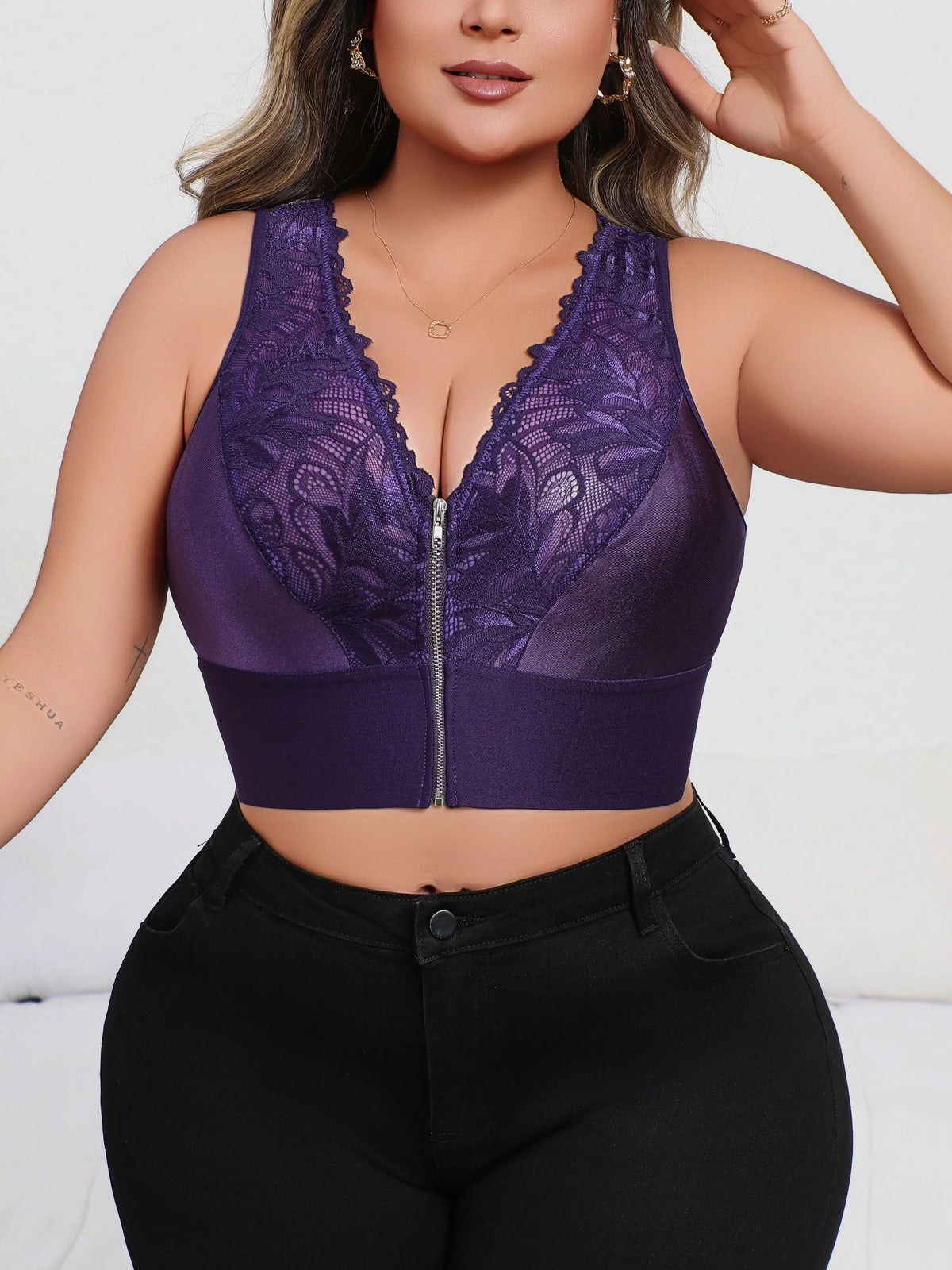 New Arrival Sexy Purple Embroidered Lingerie, Plunge Push-up Bra with Front Zip
