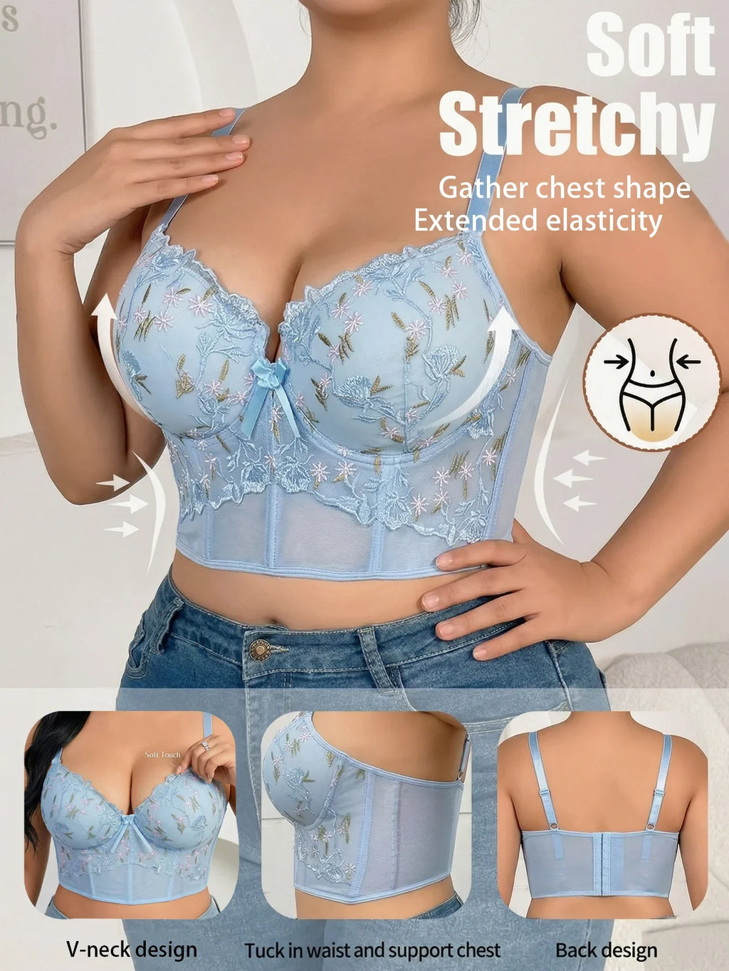 Floral Embroidered Lace Bustier Bra – Push Up, Tummy Control & Non-Slip Corset Top