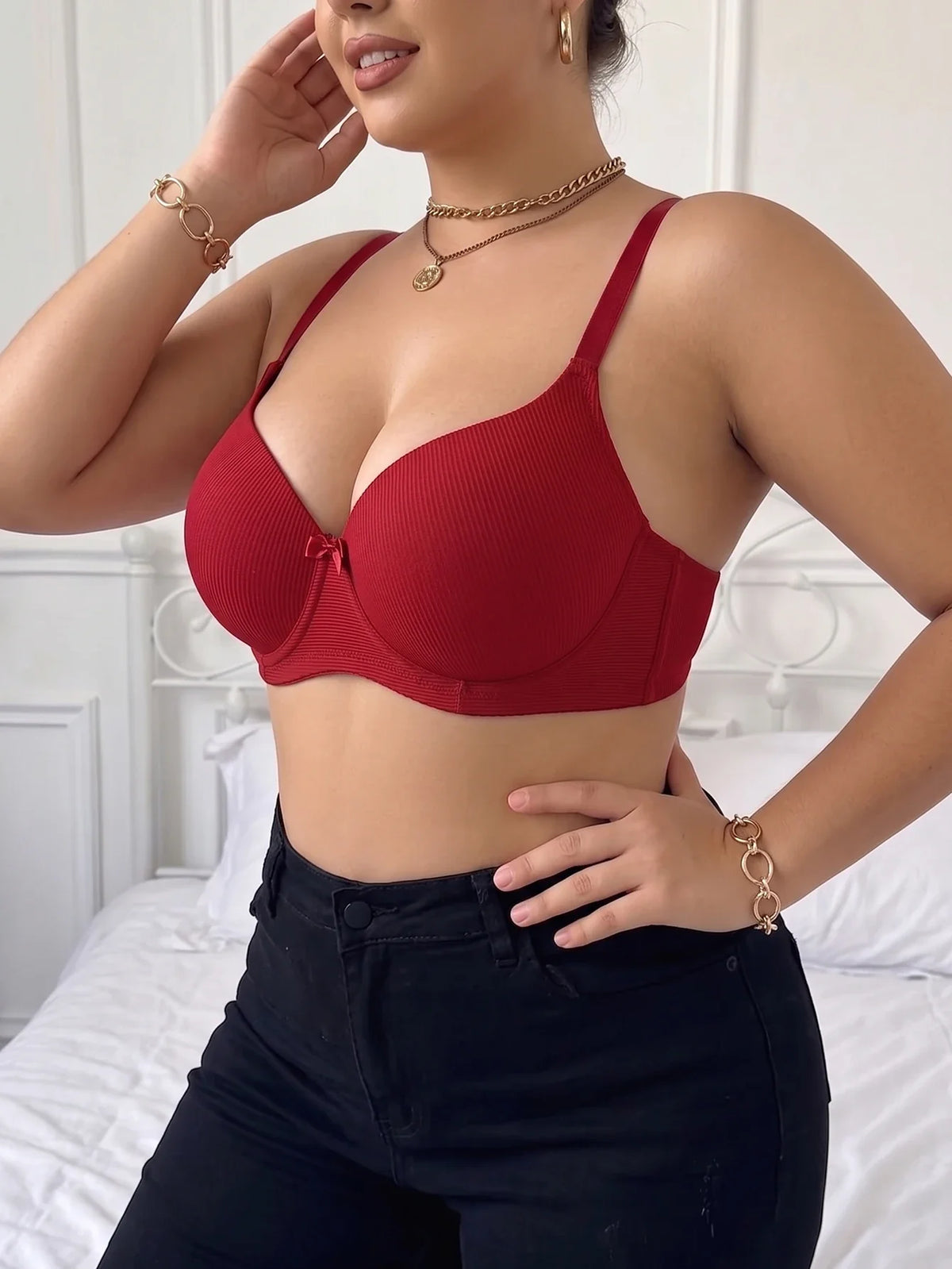 Women's B C D Thin Cup Ribbed Push Up Bra Wide Straps Underwire Side gather Lingerie Comfort Ladies Brassiere