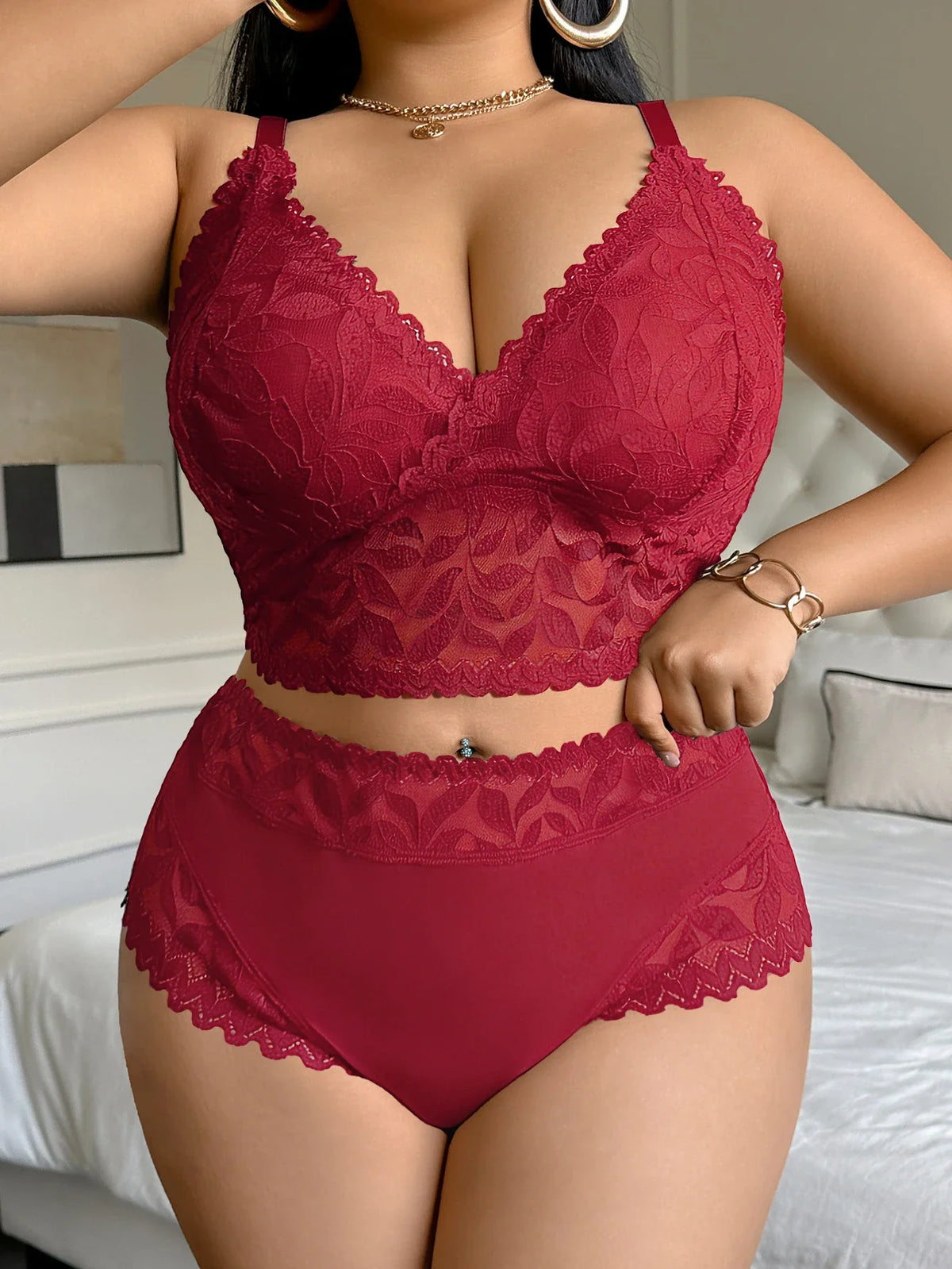 Lace Women's Sexy Lingerie Set Soft Wireless Unlined Bra Mesh Spliced Breathable Panties Floral Lace Bra Set