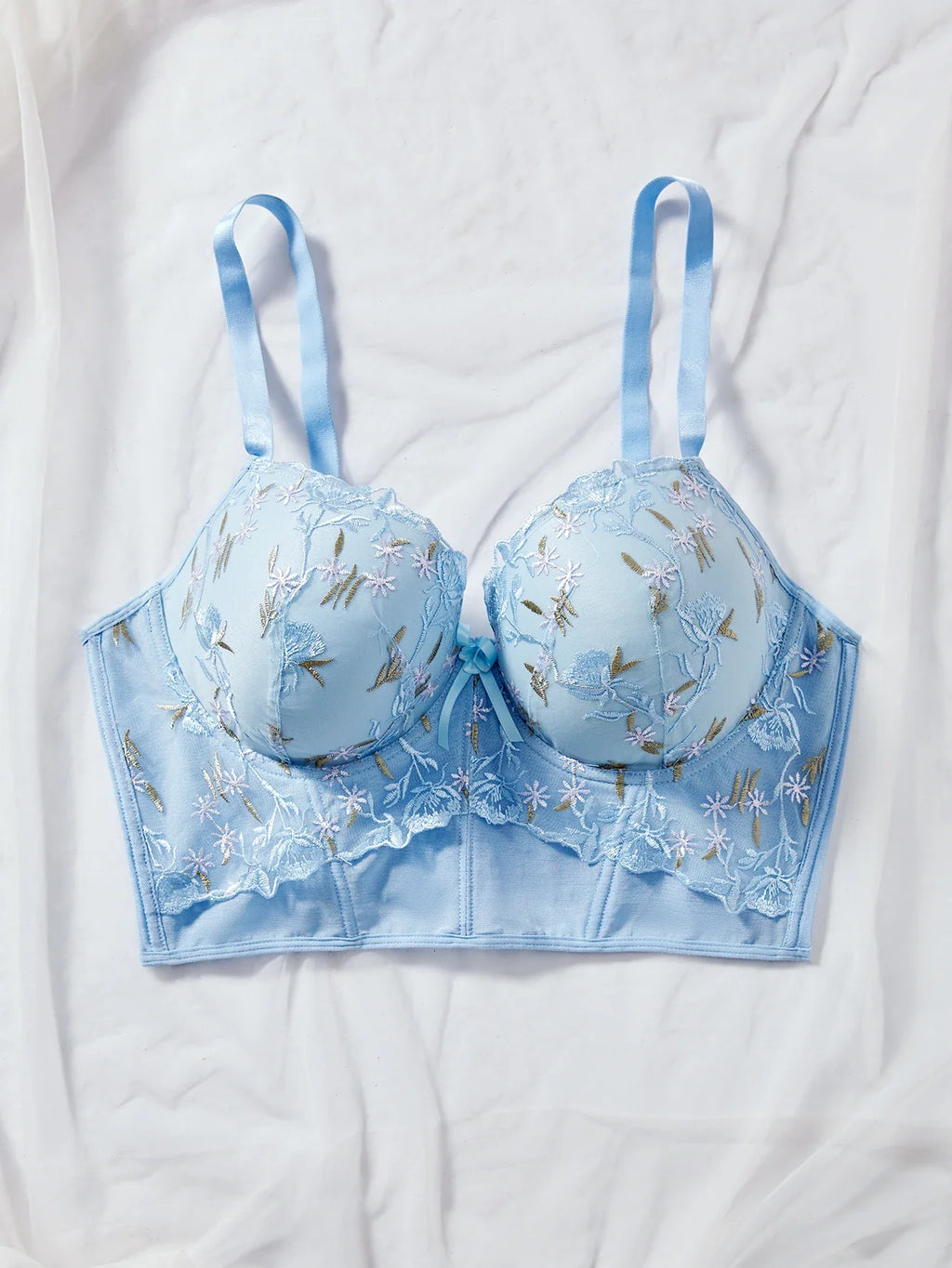 Floral Embroidered Lace Bustier Bra – Push Up, Tummy Control & Non-Slip Corset Top