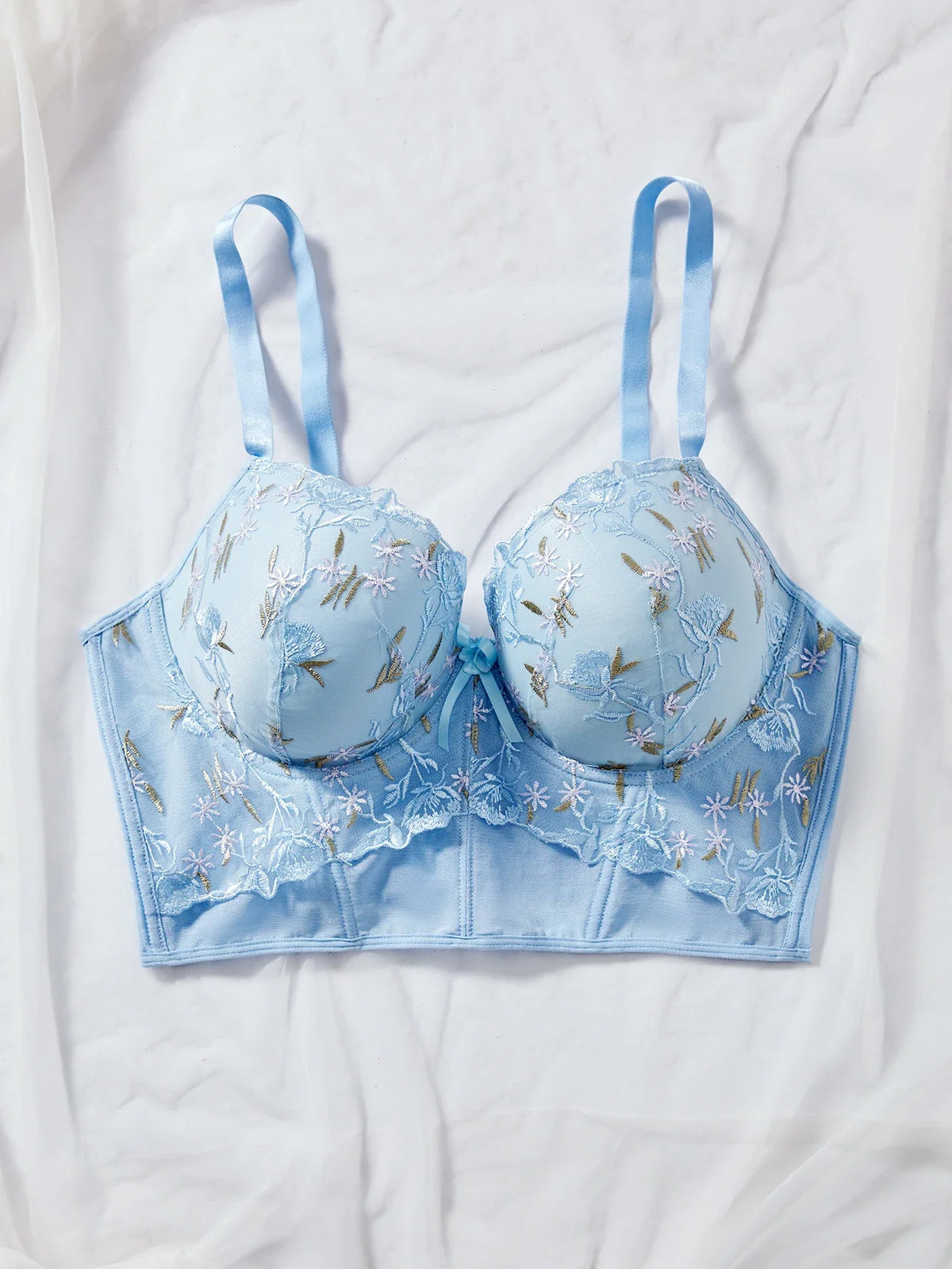 Floral Embroidered Lace Bustier Bra – Push Up, Tummy Control & Non-Slip Corset Top