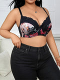 Black & Red Floral Lace Push-Up Bra