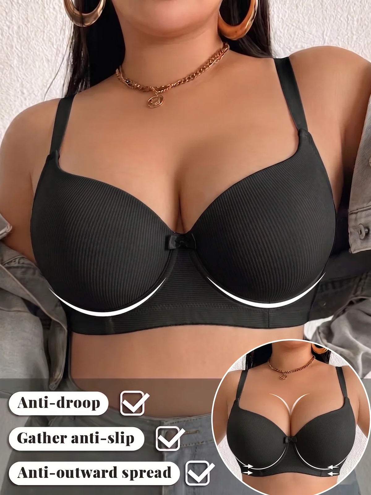 Women's B C D Thin Cup Ribbed Push Up Bra Wide Straps Underwire Side gather Lingerie Comfort Ladies Brassiere