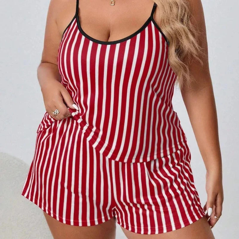 Striped Women Pajama Set Sleeveless O Neck Top & Elastic Waist Shorts Heart Print 2 Pieces Female Sleepwear Nightwear