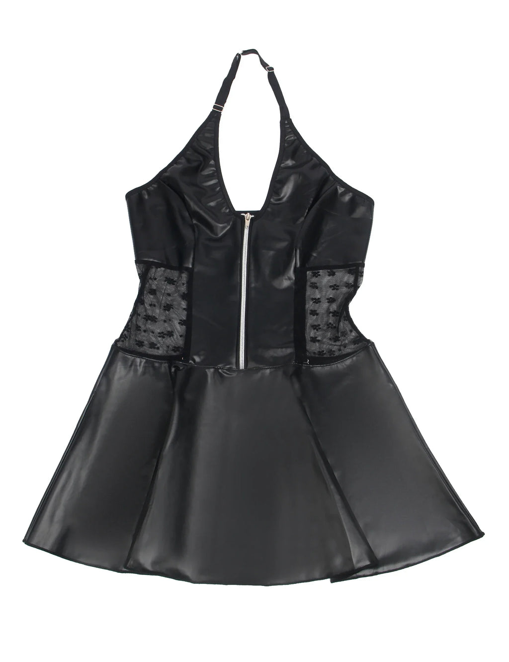 Baby Doll Black PU Leather Lace Sexy Halter Dress With Garter Belts Daring Lingerie for Women Club Wear Ladies Dresses