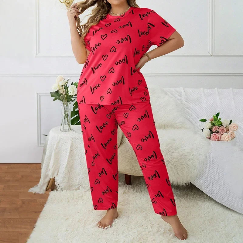 3XL 4XL 5XL Sleepwear Heart Letters Print 2 PCS Pajama Set Women's Casual Short-Sleeve Top and Pants Loungewear