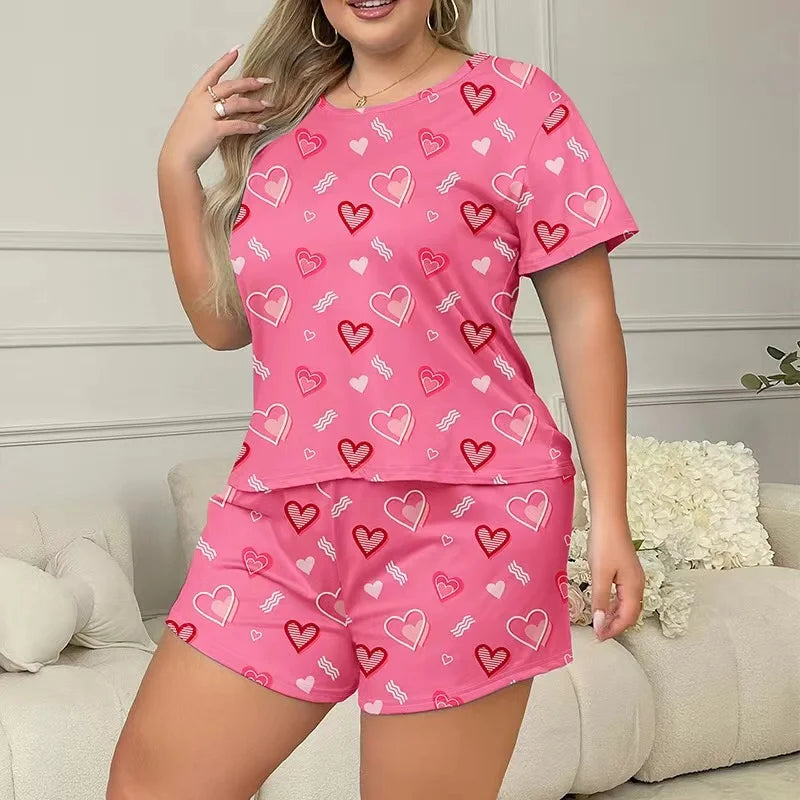 Pink Heart Print Women Sleepwear Pajama Set Nightgowns Short Sleeve Tee and Shorts Nightclothes 3XL 4XL 5XL Smooth