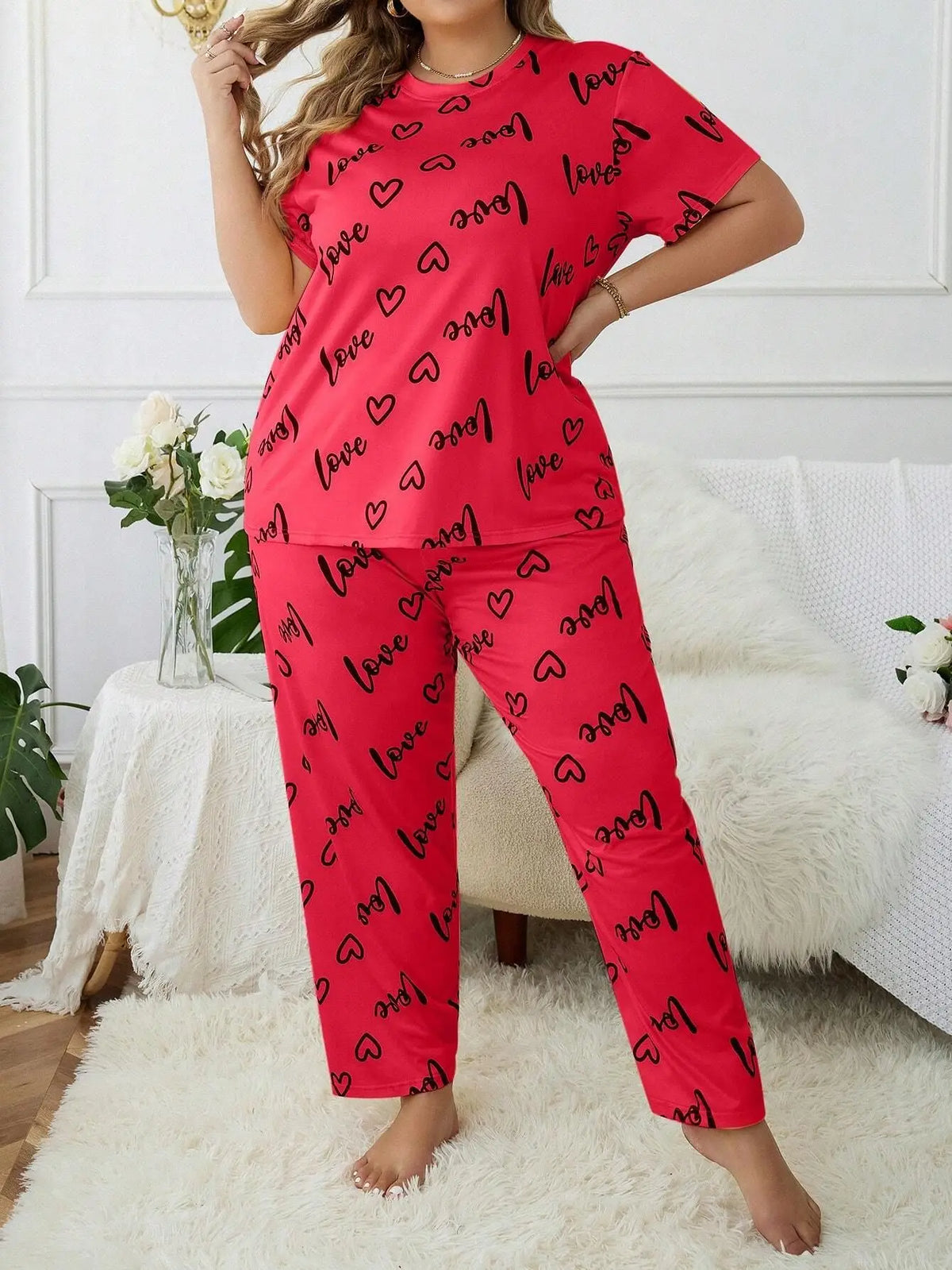 3XL 4XL 5XL Sleepwear Heart Letters Print 2 PCS Pajama Set Women's Casual Short-Sleeve Top and Pants Loungewear