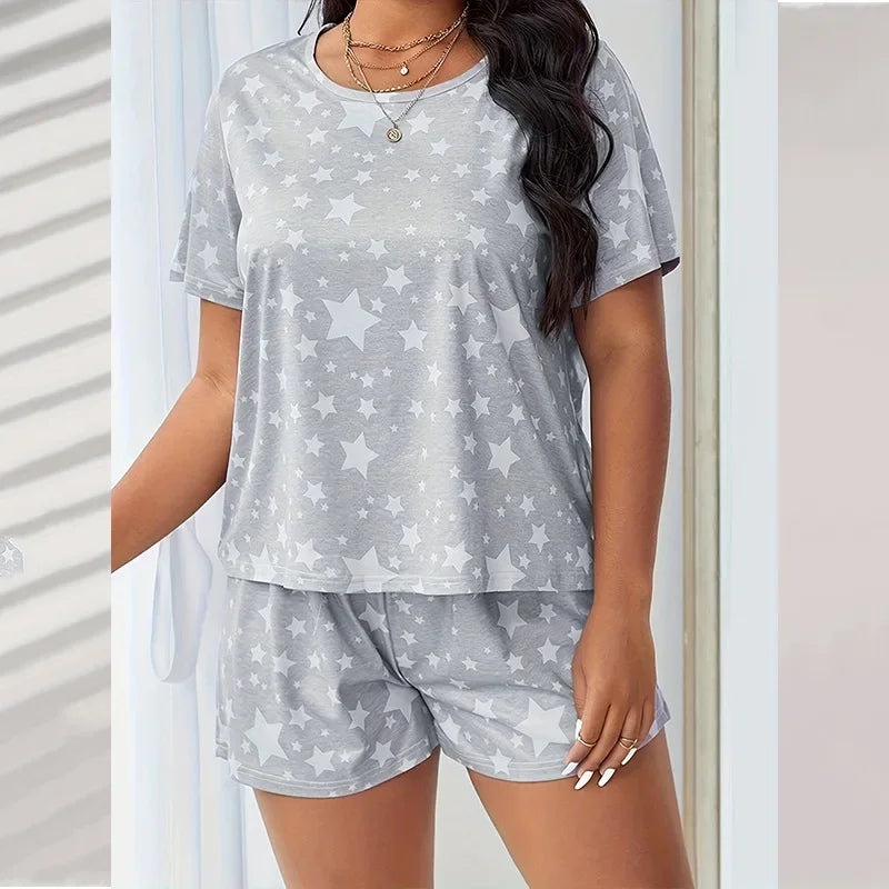 Silk Pajamas Ladies Set T-Shirt Shorts 5xl Home Wear Women Sleepwear Fashion Soft Cartoon Casual Star Moon Nightwear