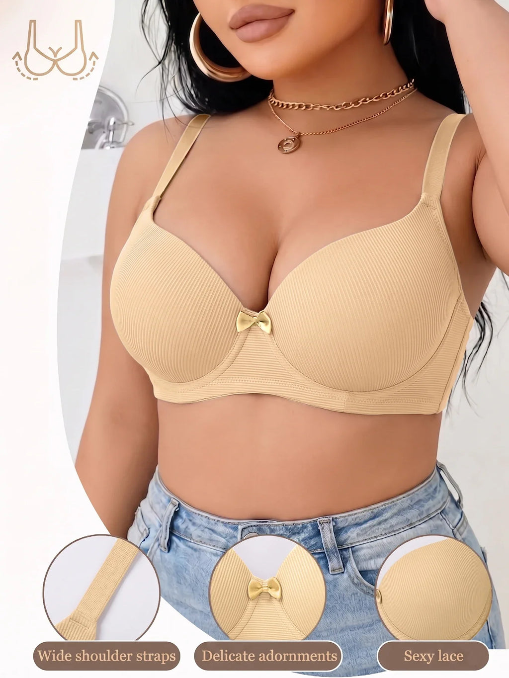 Women's B C D Thin Cup Ribbed Push Up Bra Wide Straps Underwire Side gather Lingerie Comfort Ladies Brassiere