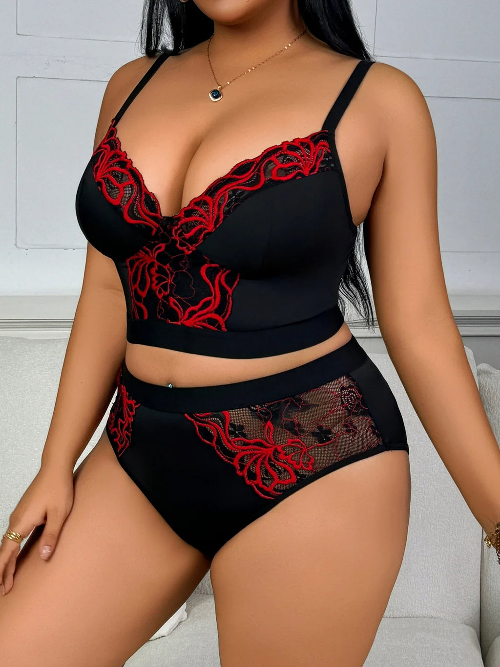 Black Red Embroidery Lace Splicing Lingerie Set Wireless Minimizer Bra Sheer Breathable Seamless