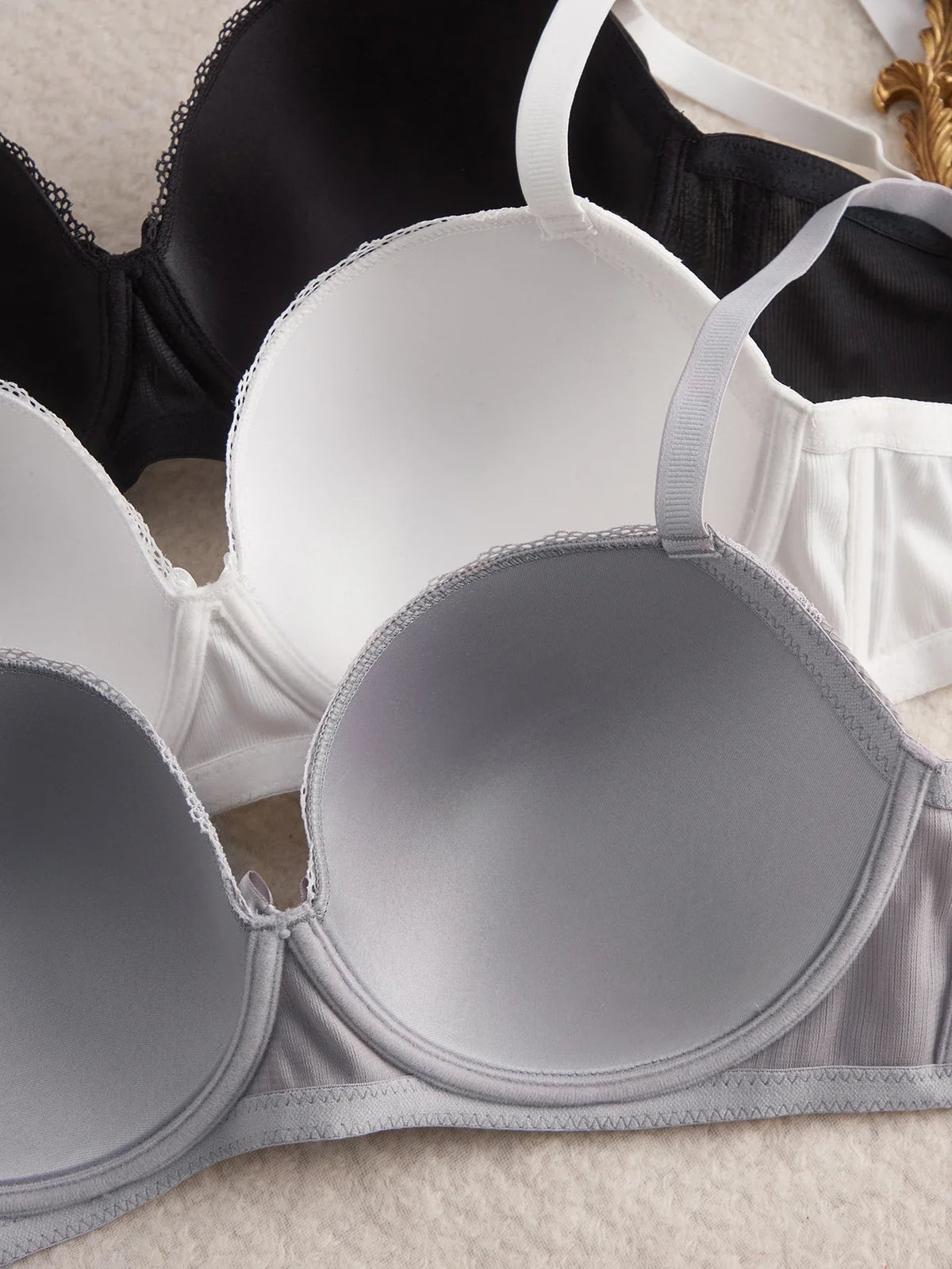 3Pcs Women's Bras Lace Trim B C D E Thin Cup Ribbed Push up Bra Underwire Side Support Soft Women's Underwear Set
