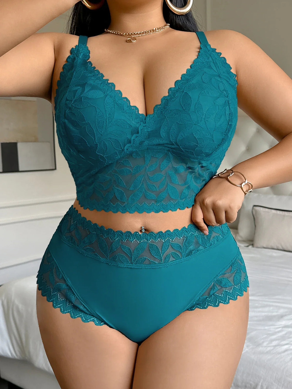 Lace Women's Sexy Lingerie Set Soft Wireless Unlined Bra Mesh Spliced Breathable Panties Floral Lace Bra Set