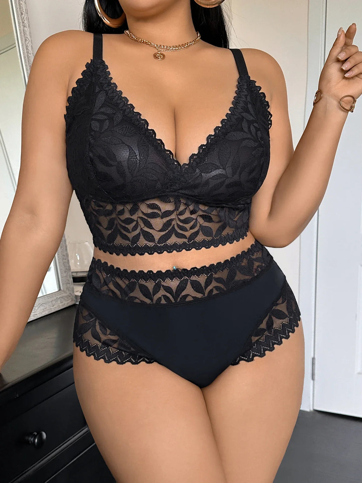 Lace Women's Sexy Lingerie Set Soft Wireless Unlined Bra Mesh Spliced Breathable Panties Floral Lace Bra Set