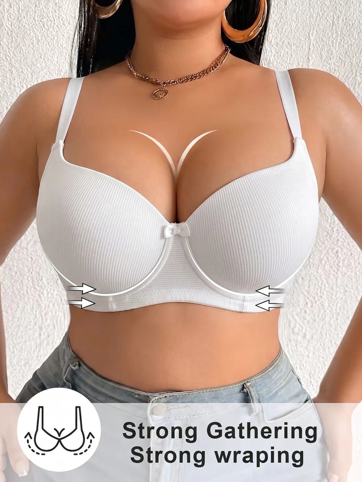 Women's B C D Thin Cup Ribbed Push Up Bra Wide Straps Underwire Side gather Lingerie Comfort Ladies Brassiere
