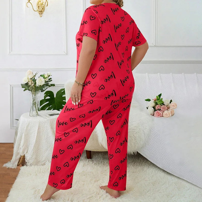 3XL 4XL 5XL Sleepwear Heart Letters Print 2 PCS Pajama Set Women's Casual Short-Sleeve Top and Pants Loungewear