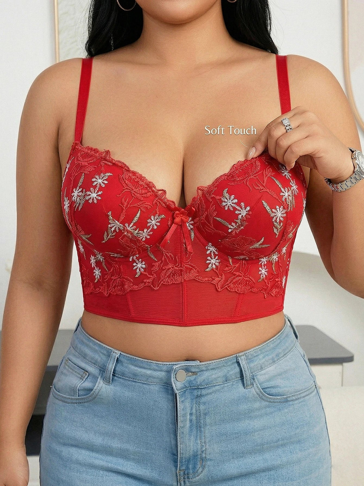 Floral Embroidered Lace Bustier Bra – Push Up, Tummy Control & Non-Slip Corset Top