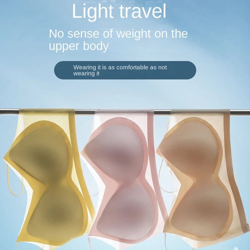 Ultra Thin Ice Silk Seamless Underwear Women Sexy Top Soft Breathable Wireless Solid Lingerie Gathered Padded Bra