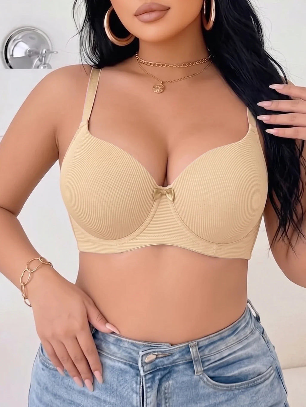Women's B C D Thin Cup Ribbed Push Up Bra Wide Straps Underwire Side gather Lingerie Comfort Ladies Brassiere